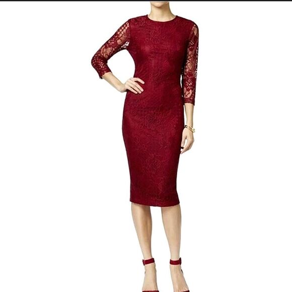 Jessica Simpson Burgundy Lace Overlay 3/4 Sleeve Midi Dress Sz 4 - Picture 1 of 12